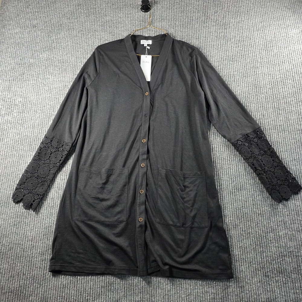 JoyJoy Womens Black Crochet Lace Sleeve Longline Button Cardigan Sweater Medium